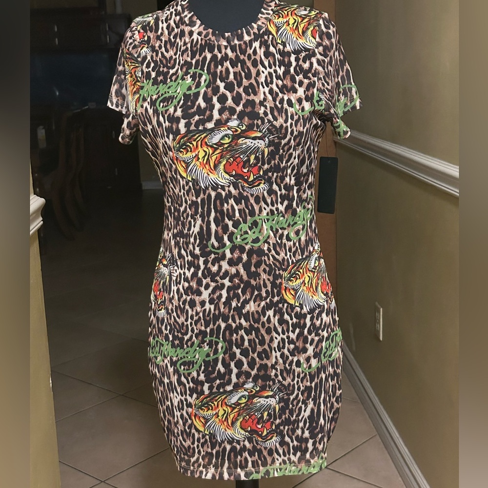 Ed Hardy Leopard Print Mini Dress with Tiger Design